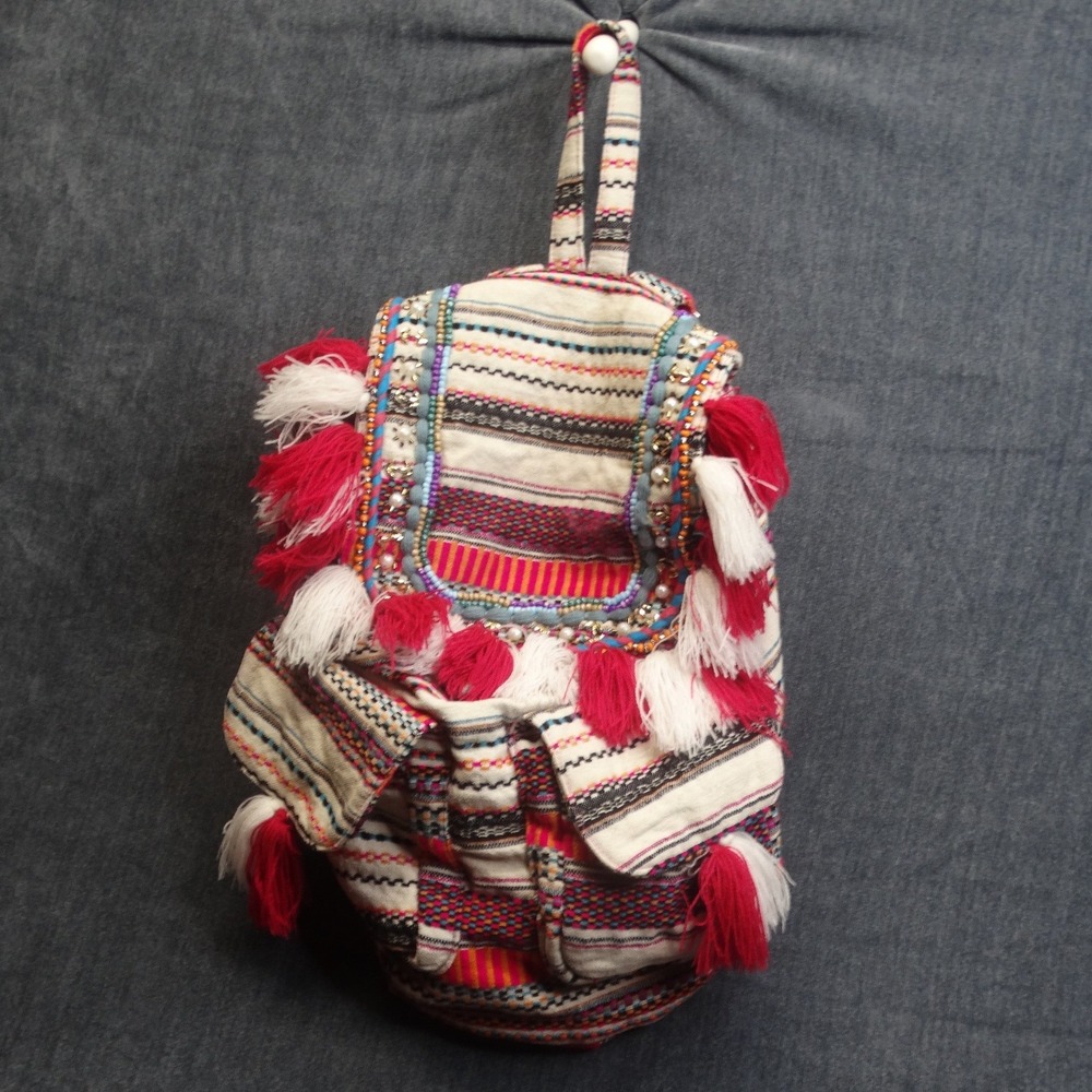 America & Beyond Boho Woven Backpack Womens Small Tassel Multicolor Festival Bag